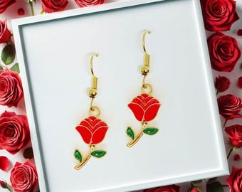 Red Rose Dangle Earrings, Romantic Jewelry Gift for Valentine’s Day, Love-Inspired Beauty and the Beast Accessory - ERA-A031-1