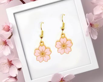 Sakura Cherry Blossom Dangle Earrings, Minimalist Pink Flower Jewelry Gift for Spring, Elegant Floral Accessory - ERA-A035-1