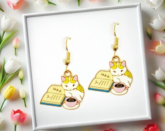 Book Lover Cat Earrings - Cat Coffee Book Lover Earrings - Cozy Bookworm Gift for Readers & Cat Owners - ERA-A107-1