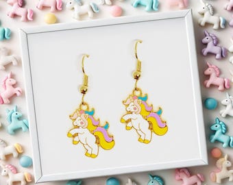 Rainbow Unicorn Dangle Earrings 18k Gold Plated Hook, Cute Kawaii Jewelry Gift for Fantasy and Magical Accessory Lovers - ERA-A130-5