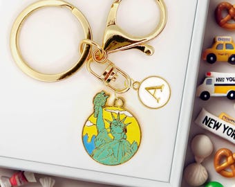 Enamel Keychain: New York Statue of Liberty with Custom Monogram - K-A129-1