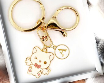 Angel Cat Keychain with Wings and Pink Bow Charm Featuring Winking Face and Personalized Letter Tag for Cat Lovers and Cute Gift-K-A108-1