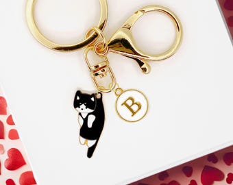 Cute Black Tuxedo Cat Enamel Keychain with Personalized Monogram Letter Charm, Kawaii Gold-Plated Keyring, Cute Gift for Cat Lovers-K-A001-2