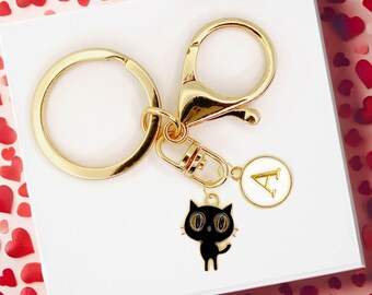 Black Big Eye Cat with Gold Letter - Perfect for Cat Lover Gift, High-Quality Enamel Cat Keychain, Cute Kitty Bag Charm-K-A124-2