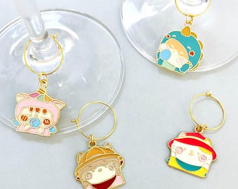Kawaii Cat Wine Glass Charms – Cute Enamel Drink Markers Set of 4 Featuring Unicorn, Dinosaur, Teddy & kigurumi for Party Guests