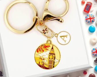 Cute Enamel Keychain: Big Ben London Medallion with Custom Monogram Initials-K-A129-3