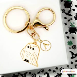 White Owl Enamel Keychain Cute Bird Charm Personalized Initial Clip Woodland Animal Accessory Magical Gift for Owl Lovers and Magic-K-A074-2