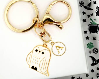 White Owl Enamel Keychain Cute Bird Charm Personalized Initial Clip Woodland Animal Accessory Magical Gift for Owl Lovers and Magic-K-A074-2
