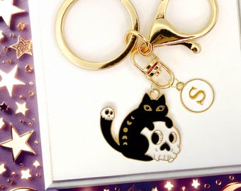 Witchy Black Cat on Skull Enamel Keychain – Spooky Halloween Cat Lover Charm, Gothic Cute Keyring Accessory Gift-K-A048-1
