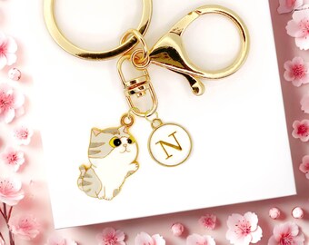 Tabby Cat Keychain Cute Gray Stripe Kitty Enamel Charm Initial Bag Clip Cat Lover Gift for Pet Moms and Custom Accessories-K-A068-1