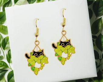 Black Cat Earrings for Plant Lovers, Cute Kawaii Cat Jewelry Gift, Dangle Cat Earrings for Cat Moms, Fun Plant Accessory