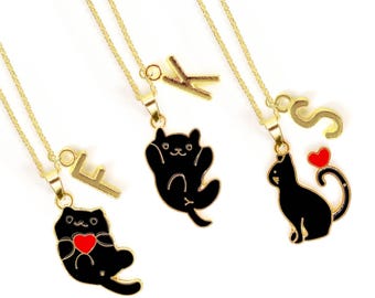 Kawaii Black Cat Necklace - Cute Neko Jewelry - Cat Lover Gift - Heart Valentine Necklace - White and Black Cute Cat Lady Jewelry-NCA-007