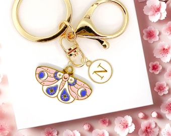 Mystical Pink Moth Keychain with Moon Star Details and Personalized Initial Charm - Cute Insect Bag Charm for Nature Lovers Gift-K-A083-1