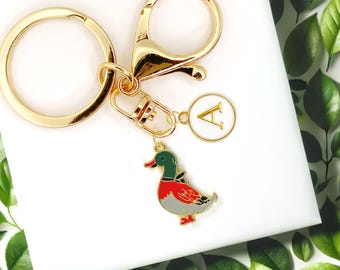 Cute Enamel Keychain Mallard Duck Green Head Monogram Custom Initials-K-A032-2