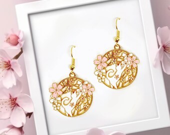 Kawaii Earrings Sakura Flower White Cat Enamel 18k Gold Plated Dangle-ERA-A013-3