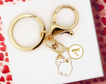 White Cat Keychain with Personalized Initial Charm for Cute Minimalist Cat Lovers and Daily Bag or Key Accessories-K-A110-2