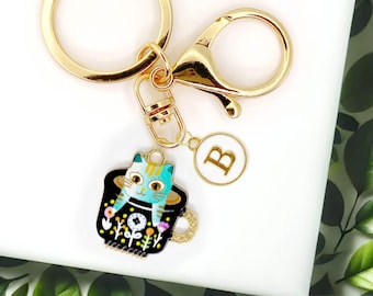 Cute Cheshire Cat in a Teacup Enamel Keychain with Personalized Monogram Letter Charm, Fun Kawaii Gold-Plated Keyring-K-A006-3