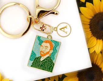 Cute Enamel Keychain: Custom Van Gogh Portrait with Monogram Initials-K-A052-4