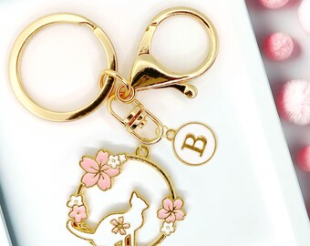 Sakura Cherry Blossom Cat Keychain, Gold-Plated Enamel Floral Keyring, Personalized Monogram Cat Lover Gift-K-A013-1