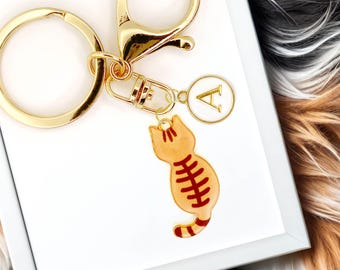 Cute Enamel Keychain Brown Tabby Cat: Custom Monogram Silhouette Cat Design-K-A131-2