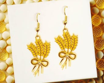 Golden Wheat Dangle Earrings, Stardew Valley Inspired Farm Jewelry, Rustic Gift for Gamers, Farmers, and Nature Lovers-ERA-A064-3
