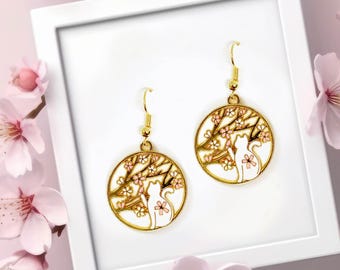Sakura Flower White Cat Enamel Earrings: 18k Gold Plated Dangle Charm-ERA-A013-5