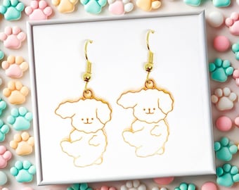 Fluffy White Dog Dangle Earrings 18k Gold Plated Hook, Cute Jewelry Gift for Dog Lovers, Playful and Charming Accessory-ERA-A060-2
