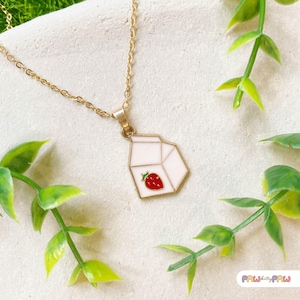 Adorable Strawberry Milk Carton Pendant Necklace | Kawaii Y2K Style Jewelry for Food Lovers-N-A120-1