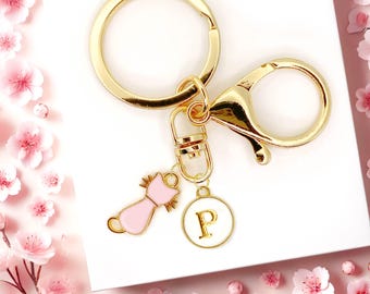 Pink Cat Enamel Keychain with Gold Trim and Personalized Initial Charm – Cute Pastel Cat Lover Gift for Women or Girls - K-A089-3