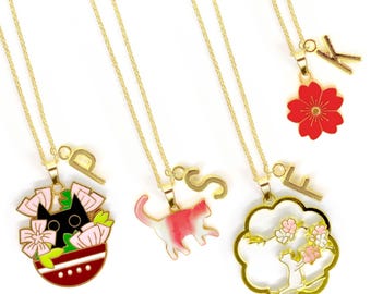 Kawaii Cat Necklace Sakura Pink: Enamel White Cat Pendant, Cherry Blossom Jewelry-NCA-006