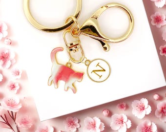 Pink White Cat Keychain Cute Enamel Charm Personalized Initial Bag Clip Playful Cat Lover Gift for Pet Moms and Custom Accessories-K-A067-1