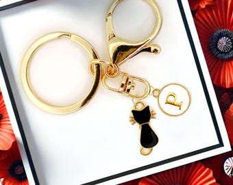 Black Cat Enamel Keychain with Gold Outline & Custom Initial Charm – Elegant Minimalist Cat Lover Gift for Her - K-A089-1