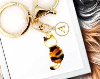 Cute Enamel Keychain: Cat Silhouette, Brown Black White, Custom Monogram-K-A131-7