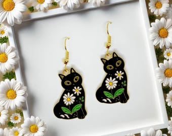Black Cat with Daisy Flower Dangle Earrings with Enamel Pendant and 18k Gold Plated Hook, Cute Floral Jewelry Gift for Cat Lovers-ERA-A073-2