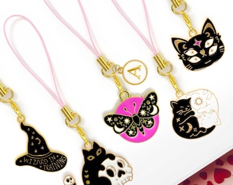 Halloween Phone Charm Personalized Letter – Witchy Black Cat Pumpkin Keychain for Spooky Kawaii Vibes Accessory