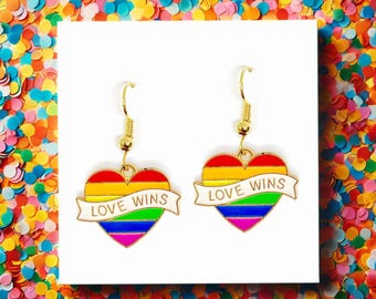 Love Wins Rainbow Heart Earrings, LGBTQ+ Pride Enamel Earrings, Jewelry for Pride Month, Heart Dangle Earrings for Allies - ERA-A116-1