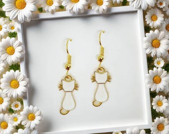 Minimalist White Cat Earrings - Scandinavian Chic 18k Gold Plated Hook Jewelry for Cat Lovers - ERA-A089-2