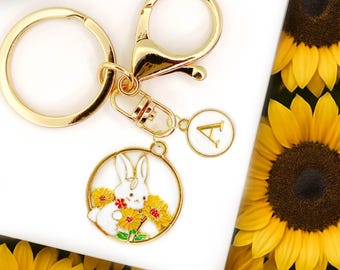 Cute Enamel Keychain Sunflower White Bunny Rabbit Custom Monogram - K-A014-1