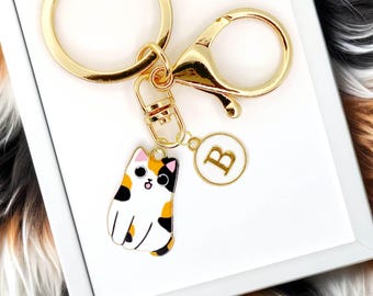 Cute Calico Cat Enamel Keychain with Personalized Monogram Letter Charm, Fun Kawaii Gold-Plated Keyring, Cute Gift for Cat Lovers - K-A004-1