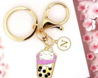Cute Cat in Boba Tea Keychain with Personalized Gold Initial Charm for Kawaii Drink Lovers and Fun Bag or Purse Accessories-K-A085-1