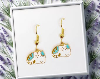 Blue Sleeping Cat Earrings - Cute 18k Gold Plated Hook Jewelry for Cat Lovers & Pet Owners - ERA-A090-2