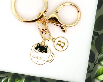 Cute Black Cat in a Cup Enamel Keychain with Personalized Monogram Letter Charm, Fun Kawaii Gold-Plated Keyring-K-A006-4