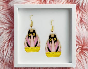 Plant Cat Jewelry Black Cat Earrings – Kawaii Kitty Plant Gift, Cute Cat Lover Enamel Jewelry, Adorable Purple Plant Earrings-ERA-A022-4