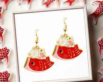 Lucky Cat and Koi Fish Earrings - Japanese-Inspired Maneki Neko Charm Jewelry- Fun Good Luck Gift for Cat Lovers & Cat Lady - ERA-A076-1