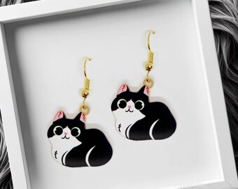 Black Tuxedo Cat Dangle Earrings 18k Gold Plated Hook, Kawaii Jewelry Gift for Cat Lovers, Cute Animal Accessory-ERA-A005-6
