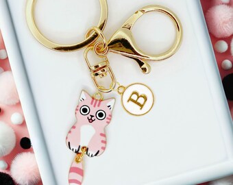 Cute Pink Cat Enamel Keychain with Personalized Monogram Letter Charm, Fun Kawaii Gold-Plated Keyring, Cute Gift for Cat Lovers-K-A003-6