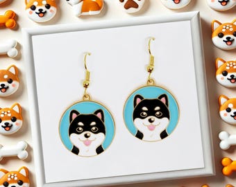 Black Shiba Inu Dog Dangle Earrings 18k Gold Plated Hook, Cute Jewelry Gift for Dog Lovers, Playful and Unique Accessory - ERA-A055-7