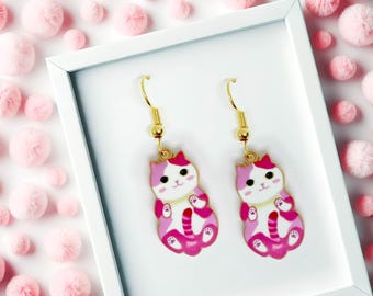 Pink Cat Dangle Earrings 18k Gold Plated Hook, Kawaii Jewelry Gift for Cat Lovers, Cute Animal-Themed Accessory-ERA-A002-6