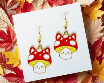 Cute Mushroom Cat Dangle Earrings with Enamel Pendant and 18k Gold Plated Hook, Kawaii Autumn Jewelry Gift for Cat Lovers-ERA-A041-1