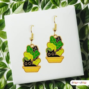 Boucles d'oreilles pendantes chat noir dans un cache-pot pour les mamans chats et les amoureux des plantes, joli cadeau de bijoux kawaii, accessoire amusant et fantaisiste - ERA-A009-2